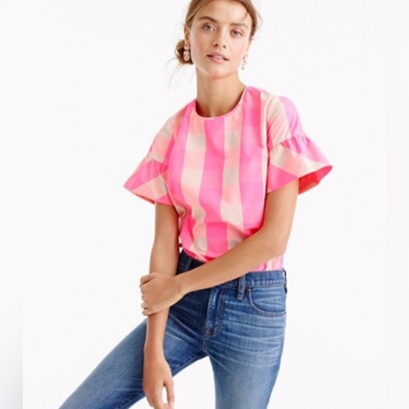 J Crew Pink Neon Buffalo Check Ruffle Sleeve Blouse Cottagecore Preppy Chic Sz 4 - Picture 1 of 14